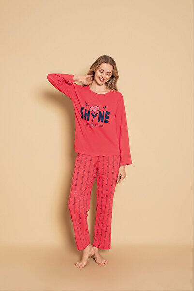 Serena Women's pajamas - long sleeves and long pants - coral color with SHINE...