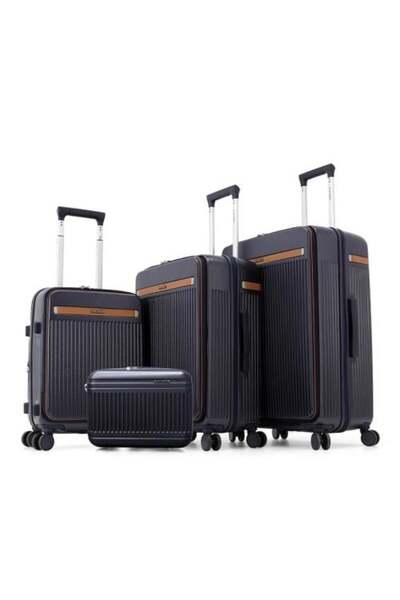 Akyat 4-piece fiber travel bag set – navy blue with camel stripe