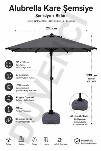 Düvenci Alubrella Antrasit Kare Güneş Şemsiyesi, 210x210 / 8 Telli, BİDONLU