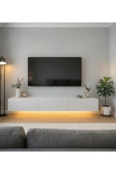 EPOS MOBİLYA Led Işıklı Tv Ünitesi 170 Cm Mat Beyaz Çekmeceli ve Kapaklı Tv S...