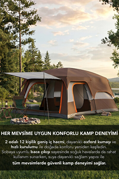 Fischer 2 Odalı Kamp Çadırı - 12 Kişilik 4 Mevsim Oxford Kumaş Outdoor Çadır