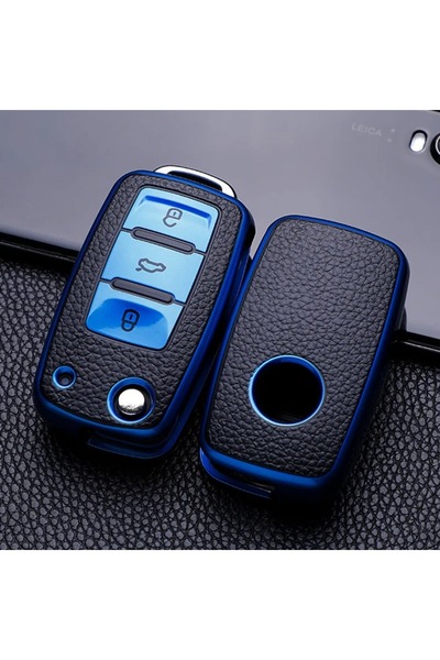 Choice1 Blue Leather TPU Car Key Case Car Key Full Cover Protection Bag for V...