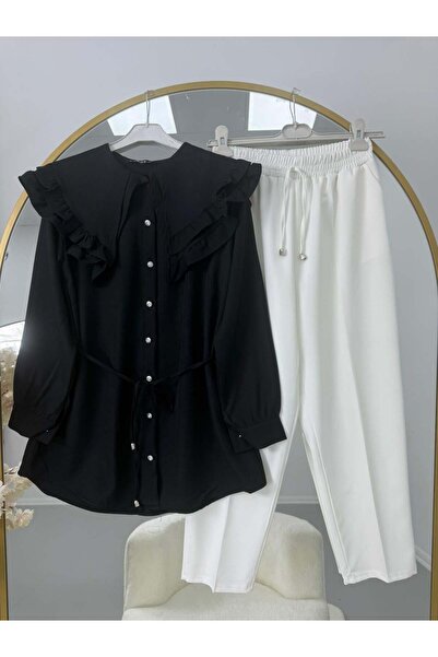 modasindoma Ruffle Collar Lace-Up Tunic Pants Set Black