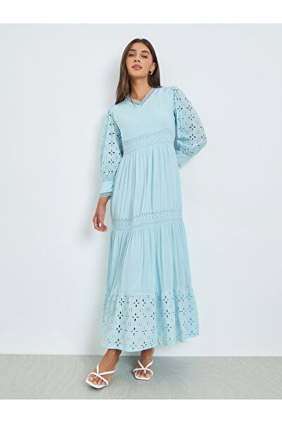 Styli Light Blue Broderie Detail Lace Insert Maxi Dress