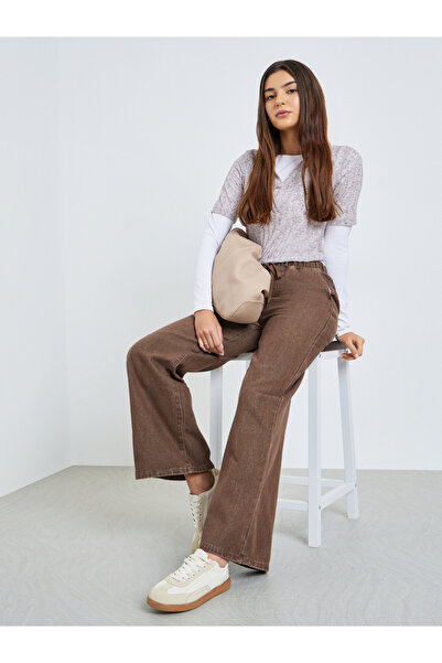 Styli Brown Joggers Style Wide Leg Washed Jeans