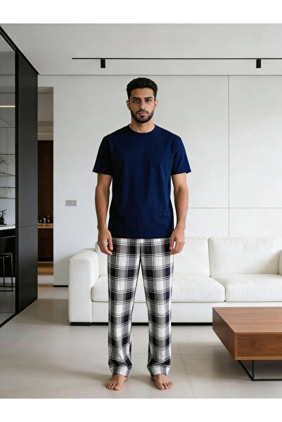 Take Two By Styli Men Solid Round Neck T-Shirt and Checked Pants Set