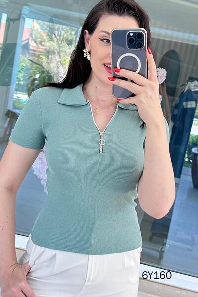 İnce Topuk Tricou cu guler polo și fermoar la guler 6y160