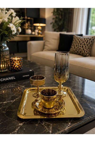 isra kristal Velvet Gold Coffee Presentation Set with Tray, Coffee Cup, Turki...