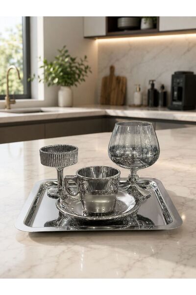 isra kristal Hanzade Silver Coffee Presentation Set with Tray, Coffee Cup, Tu...