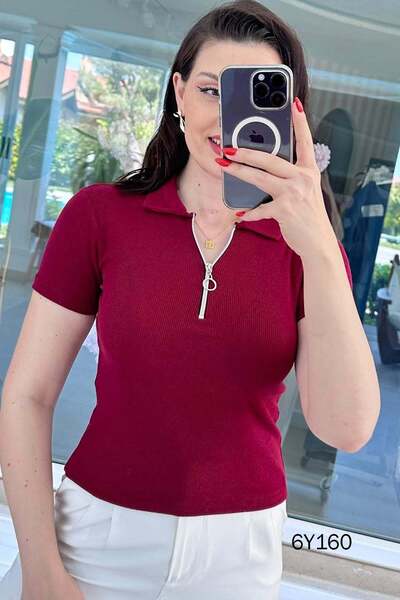 İnce Topuk Tricou cu guler polo și fermoar la guler 6y160