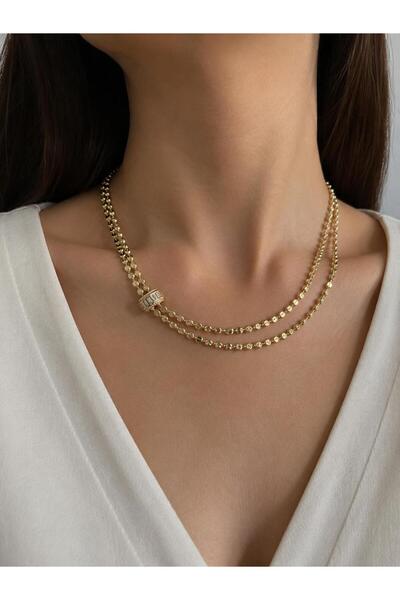 LUNAR by Duygu 14 K TAŞ DETAYLI EZME PUL VİP GOLD ZİNCİR KOLYE