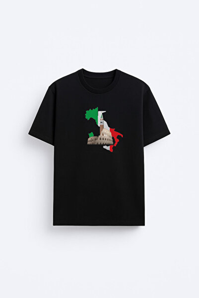 AYDESİGN Italy Leaning Tower of Pisa Printed Cotton Fabric Black T-Shirt T-Shirt