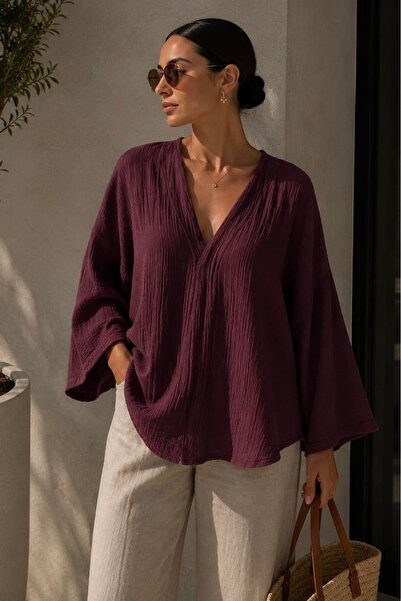bb butik basic Women's Muslin Oversize Blouse Loose Cut Summer Basic Jacket M...