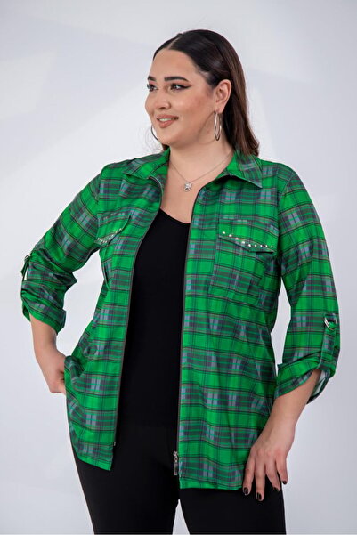 Roxxlen Women's Plus Size Zipper Shirt with Pocket Detail