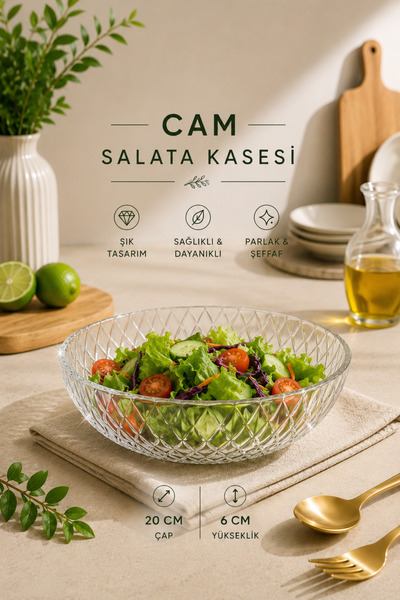 Rotanev Modern Baklava Desenli Cam Salata Kasesi Meyve Sunumluk Kase Orta Boy...