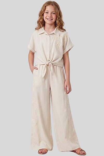 ww waka waka kids store Girl's Embroidered Tie-Up Shirt and Wide-Leg Pants Tw...