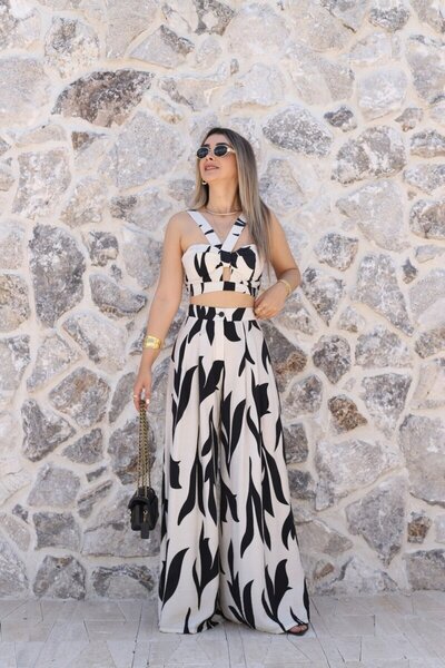 bytugcekaya Black-Ecru Patterned Pants Set with Bralette