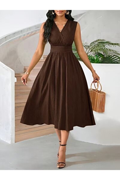 Modayakamoz Women's Strappy Double-Breasted V-Neck Dress with Elastic Waist