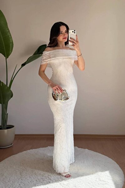 LOKADI White Off-Shoulder Lace Detailed Maxi Length Evening Dress - Wedding, ...