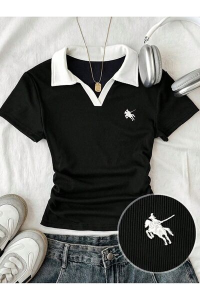 SEFUR Polo Collar Embroidered Gathered Blouse