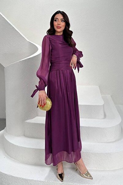 Caddebostan Moda Gathered Detailed Cuff Belted Long Satin Evening Dress