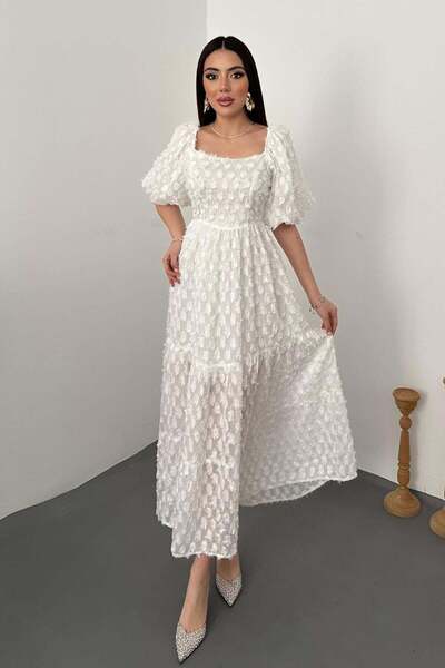 Caddebostan Moda Balloon Sleeves Square Neck Ruffled Dusty Fabric Long Dress ...