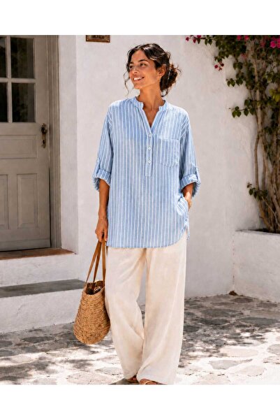 Butik Şans Women's Striped Button Detailed Oversize Three Quarter Sleeve Ital...