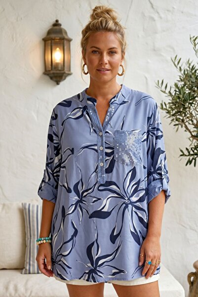 Chiccy Italian Blue Judge Collar 3/4 Sleeve Patterned Buttoned Sequined Pocke...