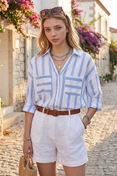 bacc Blue Honeycomb Woven Cotton Striped Double Pocket Oversize Shirt