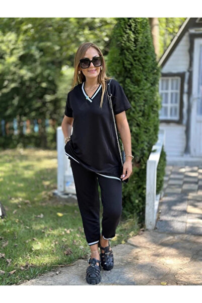 Efnaz style Women's Short Sleeve V-Neck Two-Thread Blouse and Trousers Two-Pi...