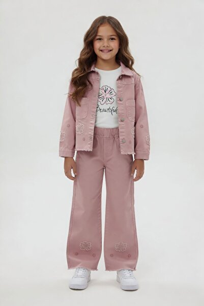 Cansın Mini Jakna sa izvezenim ružičastim cvetovima i široke pantalone, set o...