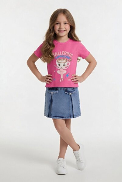 Cansın Mini Pink Ballerina Patterned Badili Jean Skirt Girls' 2-Piece Set 24563