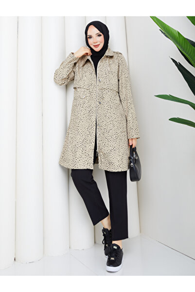 RACE FASHİON Polka Dot Waist Gathered Hijab Trench Coat Rc3134