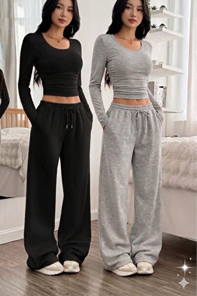 yx yustex sport 2-Piece Women's Sweatpants 2 Colors (Black-Grey) Loose-Fit Ov...