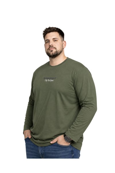 BattalModa Men's Large Size Khaki Cotton Printed Long Sleeve T-Shirt 5Xl-6Xl-7Xl-8Xl