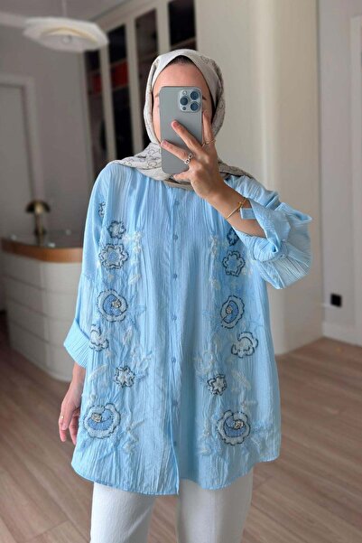 Ka Hijab Rose Beaded Embroidered Shirt - Blue