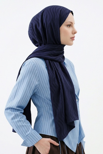 InStyle Wave Pattern Navy Blue Jacquard Cotton Shawl