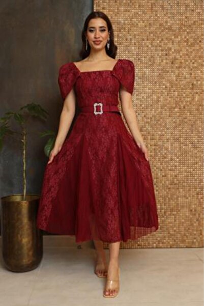 it's Mine Burgundy Tulle Pleated Lace Dress