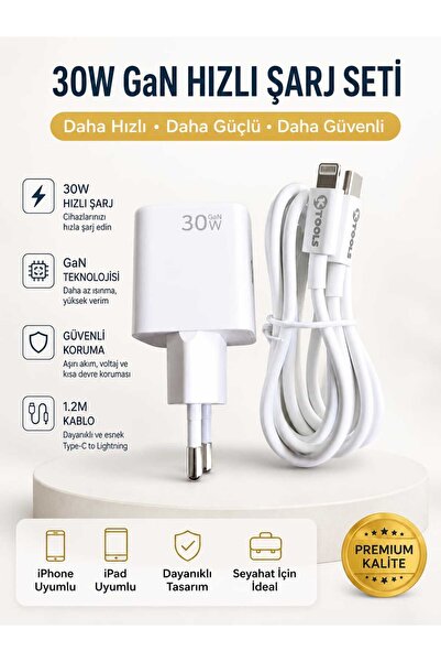 Ktools 30W GaN Hızlı Şarj Adaptörü + Type-C to Lightning Kablo Seti İphone İp...