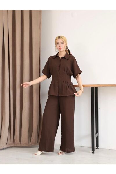 Moda Banuş Pera Linen Waist Pleated Detail Shirt Pants
