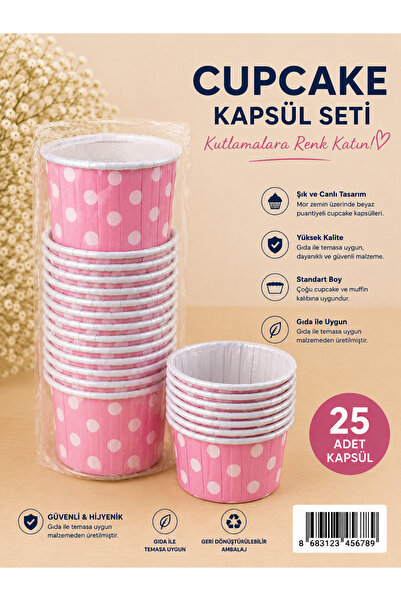 Partifabrik Cupcake Kapsülü Kalın Eğilmez Kalıpsız Kullanım 25 Adet Pembe Pua...