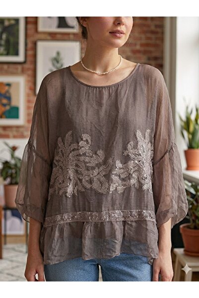 AYASOFYA OTANTIK Women's Italian Brown Authentic Embossed Striped Silk Blouse