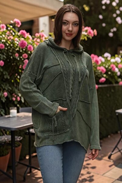 SHOPPEBUTİK Women's Hooded Front Single Pocket Ethnic Cotton Sweater