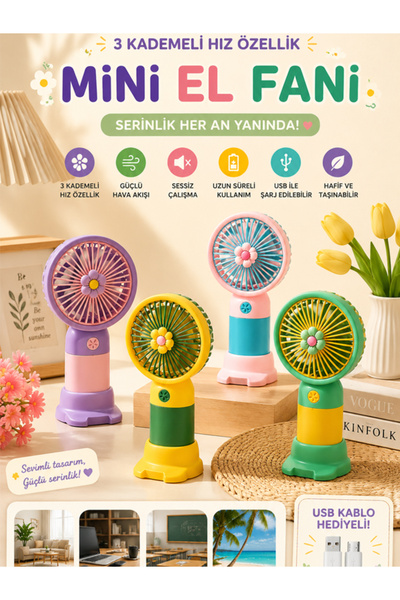 moryconcept Meyve ve Çiçek Figürlü Şarjlı Mini El Fanı 3 Kademeli USB Taşınab...