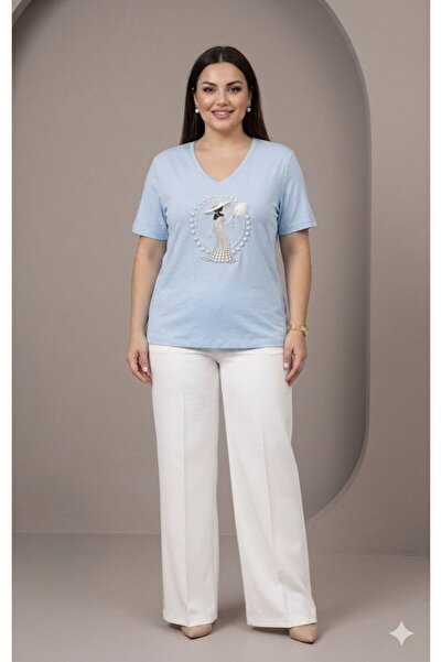 SİBELİZE V-Neck Pearl Stone Embroidered Premium T-Shirt with Female Figure on...