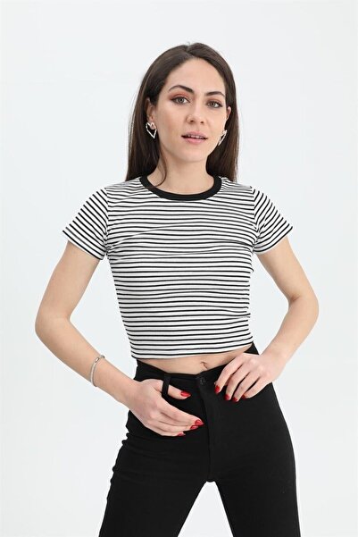 VELİZADE Women's Black Striped Ribbed Crew Neck Camisole Short Sleeve Blouse ...
