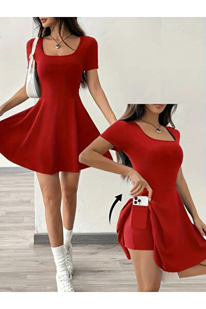 Efnaz style Women's Short Sleeve Square Neck Short Detailed Pocket Diving Dress