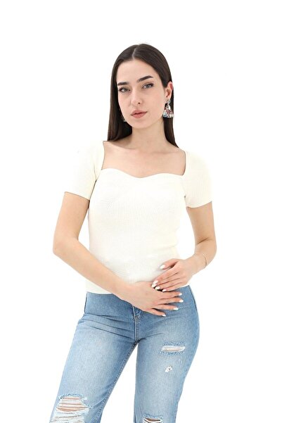 VELİZADE Women's Ecru Short Sleeve Heart Neck Ribbed Knitwear Blouse