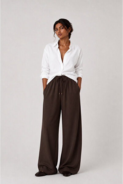 kikiriktekstil 10801 Women's 100% Cotton High Waist Tencel Pants with Drawstring