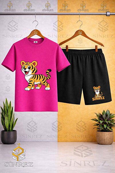 SİNREZ Crew Neck Kids' T-Shirt with Tiger Standing Print - Shorts Set